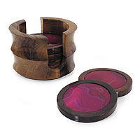 Cedar coasters, 'Wild Pink' (set of 6) - Hand Crafted Dyed Agate Coasters (Set of 6)