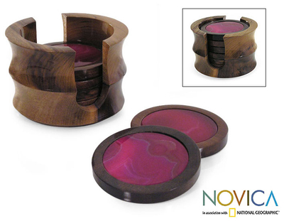 Cedar coasters, 'Wild Pink' (set of 6) - Hand Crafted Dyed Agate Coasters (Set of 6)