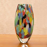 Handblown art glass vase, 'Carnival Confetti' (11 inch) - Murano Inspired Modern Hand Blown Glass Vase