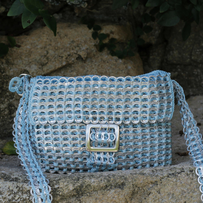 Soda pop-top shoulder bag, 'Silver Blue Success' - Handcrafted Recycled Aluminum Flap Handbag