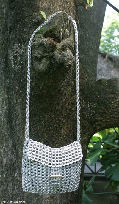 Silver pop-top shoulder bag, 'Silver Success' (long strap) - Women's Recycled Aluminum Flap Handbag from Brazil