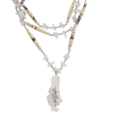 Quartz long necklace, 'Her Story' - Brazilian Recycled Paper and Quartz Necklace