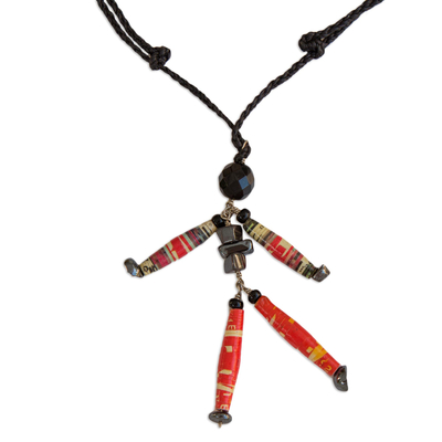 Hematite long necklace, 'Red Puppet' - Hand Made Recycled Paper Pendant Necklace