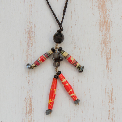 Hematite long necklace, 'Red Puppet' - Hand Made Recycled Paper Pendant Necklace