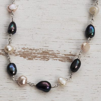 Pearl strand necklace, 'Delicate' - Sterling Silver Pearl Strand Necklace from Brazil