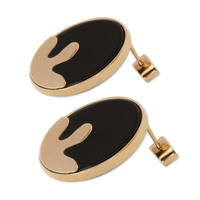 Gold- und Onyx-Baumelohrringe, 'Golden Wave - Handgefertigte Ohrringe aus 18k Gold und Onyxknöpfen