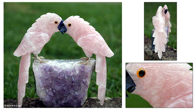 Rose quartz and amethyst statuette, 'Lovebirds' - Artisan Crafted Quartz and Amethyst Bird Sculpture