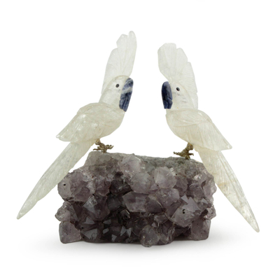 Quartz and amethyst statuette, 'Cockatoo Couple' - Hand Crafted Quartz and Amethyst Gemstone Sculpture