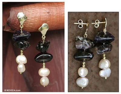 Gold and pearl drop earrings, 'Amethyst Harmony' - Gold and pearl drop earrings