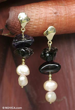 Gold and pearl drop earrings, 'Amethyst Harmony' - Gold and pearl drop earrings