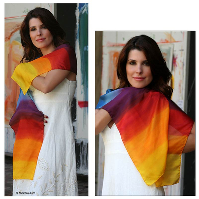 Silk scarf, 'Radiant Rainbow' - Hand Crafted Silk Painted Scarf