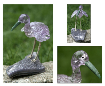 Amethyst and quartz statuette, 'Purple Heron' - Amethyst and Quartz Bird Statuette from Brazil