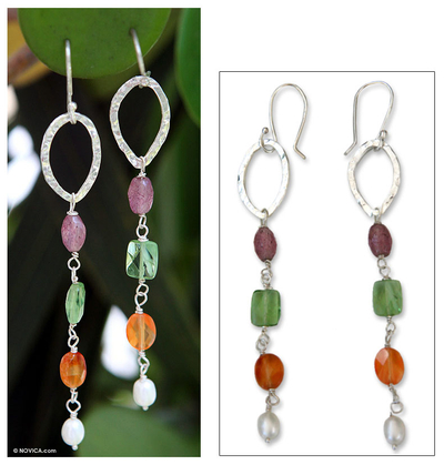 Amethyst and carnelian dangle earrings, 'Rainbow Leaf' - Unique Sterling Silver Multigem Earrings