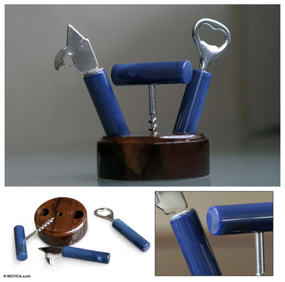 Cedar wood bottle opener set, 'Nature's Azure Bar' (set of 3) - Artisan Crafted Wood Bottle Opener Set 