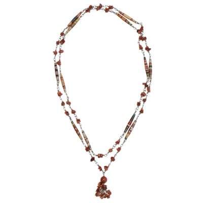 Recycled paper beaded necklace, 'Novel' - Recycled Paper and Goldstone Necklace
