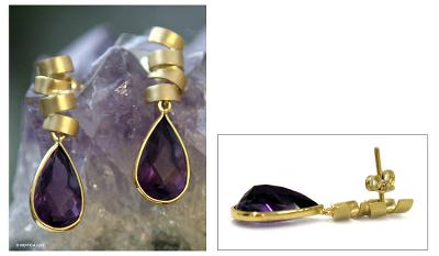 Gold and amethyst dangle earrings, 'Genuine' - Gold and amethyst dangle earrings