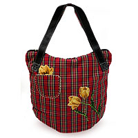 Cotton and leather handbag, 'Plaid Tulips' - Cotton and leather handbag