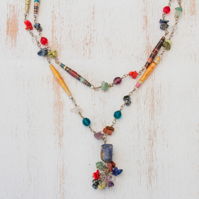 Quartz and sodalite long necklace, Recycling Rainbows