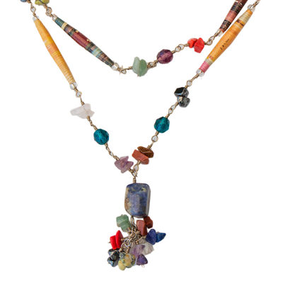 Quartz and sodalite long necklace, 'Recycling Rainbows' - Recycled Paper and Gemstone Y Necklace