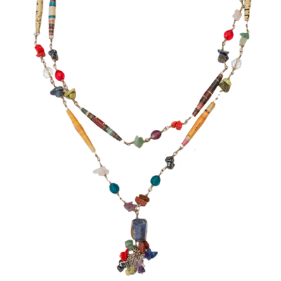 Quartz and sodalite long necklace, 'Recycling Rainbows' - Recycled Paper and Gemstone Y Necklace