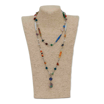 Lange Halskette aus Quarz und Sodalith - Y-Halskette aus recyceltem Papier und Edelsteinen