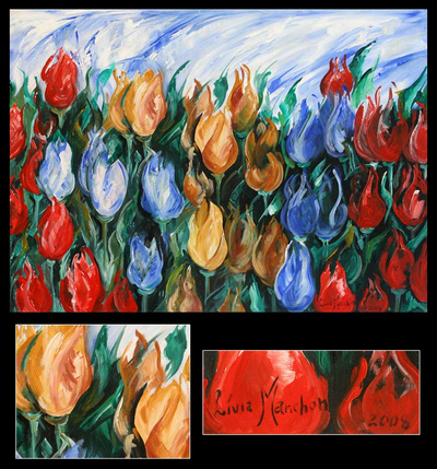 'Campo de tulipanes' - Pintura impresionista de paisaje de Brasil