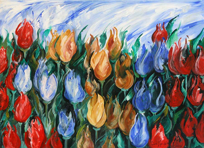 'Campo de tulipanes' - Pintura impresionista de paisaje de Brasil