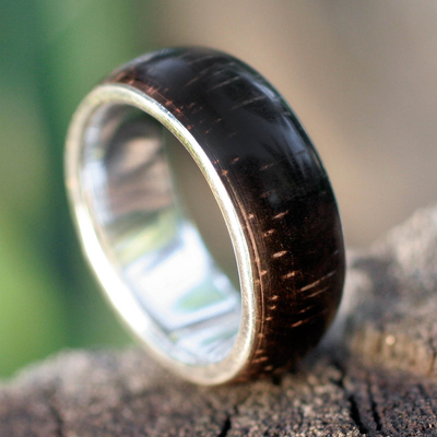 Wood band ring, 'Natural Love' - Hand Made Sterling Silver and Wood Band Ring