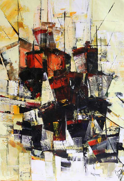 'Boats in the Port of Angra' - Cubist Painting from Brazil