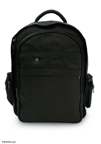 Leather backpack, 'Efficient Black' - Leather backpack