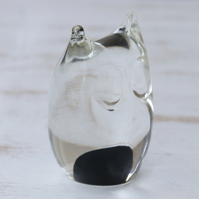 Handblown art glass paperweight, 'Black Crystal Owl' - Murano Inspired Glass Handblown Paperweight