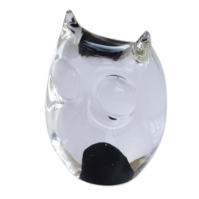 Handblown art glass paperweight, 'Black Crystal Owl' - Murano Inspired Glass Handblown Paperweight