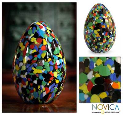 Handblown art glass paperweight, 'Confetti Egg' - Murano Inspired handblown paperweight