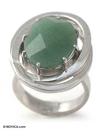 Green quartz solitaire ring, 'Relaxing on Saturn' - Handcrafted Brazilian Modern Silver and Quartz Ring