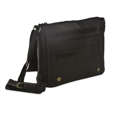 Leather laptop case, 'Executive Finesse in Black' - Black Leather Laptop Case Hand Crafted in Brazil