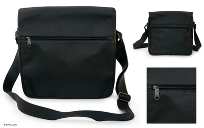 Leather shoulder bag, 'Black Versatility' - Hand Crafted Leather Shoulder Bag
