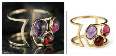 Gold and garnet band ring, 'Simply Three' - Gold and garnet band ring