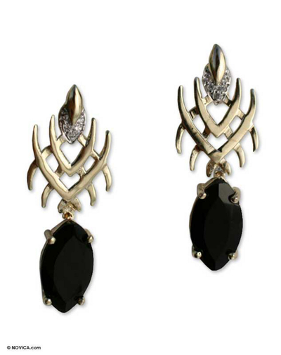 Gold plated onyx dangle earrings, 'Ascended Master' - Gold plated onyx dangle earrings