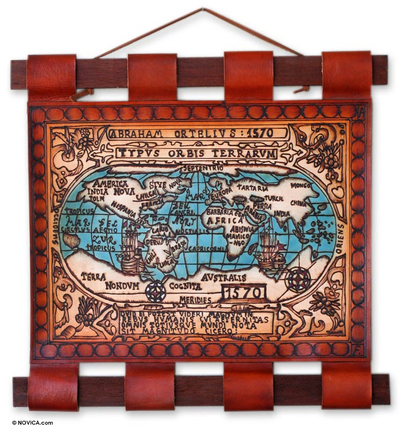 Leather map, '1570 World Map in Blue' - Leather map