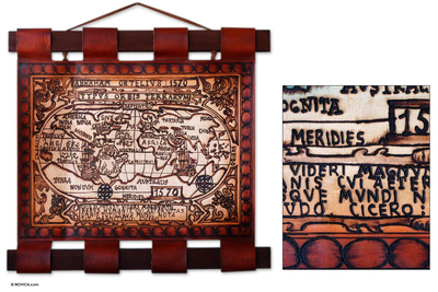 Leather map, '1570 World Map' - Rustic Leather Map Wall Hanging