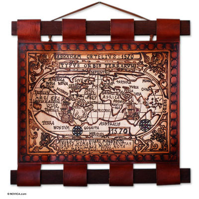 Leather map, '1570 World Map' - Rustic Leather Map Wall Hanging
