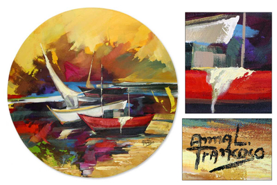 'Boats in Cabo Frio' (2009) - Landscape Expressionist Round Painting