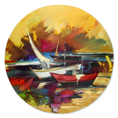 'Boats in Cabo Frio' (2009) - Landscape Expressionist Round Painting