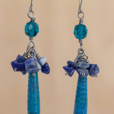 Sodalite cluster earrings, 'Araras Hope' - Recycled Paper and Sodalite Dangle Earrings