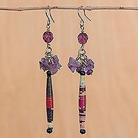 Amethyst dangle earrings, 'Hope' - Recycled Paper and Amethyst Dangle Earrings