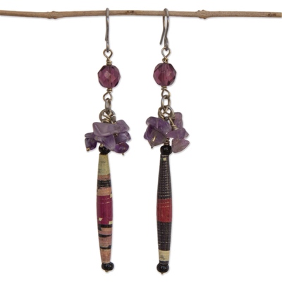 Amethyst dangle earrings, 'Araras Hope' - Recycled Paper and Amethyst Dangle Earrings