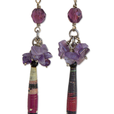 Amethyst dangle earrings, 'Araras Hope' - Recycled Paper and Amethyst Dangle Earrings