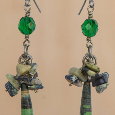 Serpentine cluster earrings, 'Araras Hope' - Serpentine and Recycled Paper Dangle Earrings