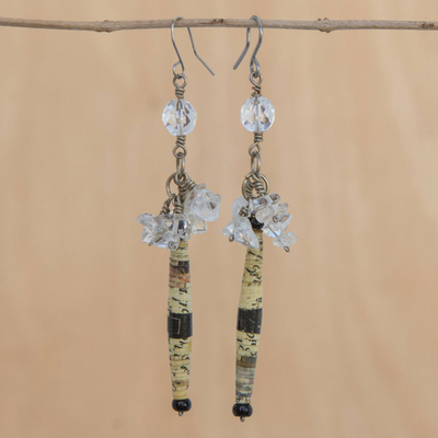 Quartz cluster earrings, 'Hope' - Handmade Recycled Paper and Quartz Earrings