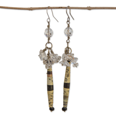 Quartz cluster earrings, 'Araras Hope' - Handmade Recycled Paper and Quartz Earrings